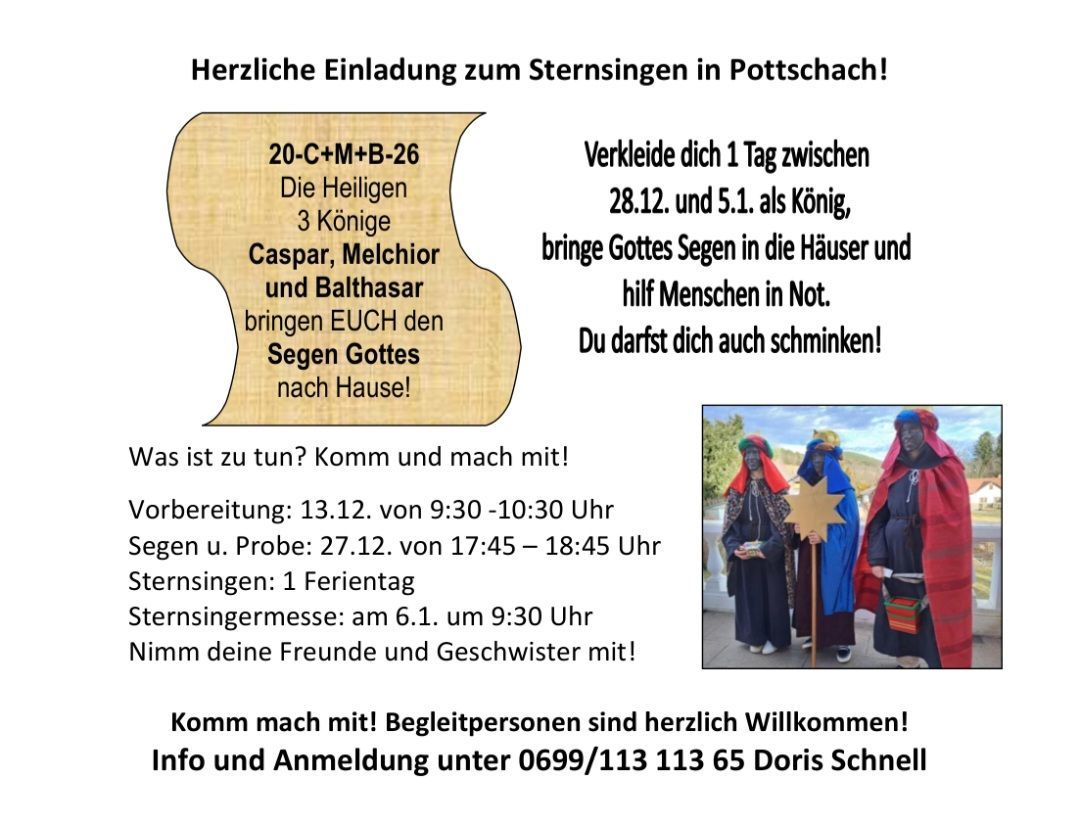 Einladung zum Sternsingen in Potsdam. Drei Könige bringen Segen. Probe am 13.12. und Generalprobe am 27.12. Sternsingen am 1.1. und Messe am 6.1. Komm mit Freunden und Familie. Kontakt Doris Schnell.