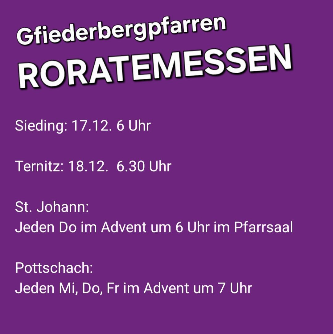Ein lila Plakat kündigt Gfiederbergerpfarren Roratemessen an. Es gibt den Zeitplan für verschiedene Adventsmessen an verschiedenen Orten bekannt.