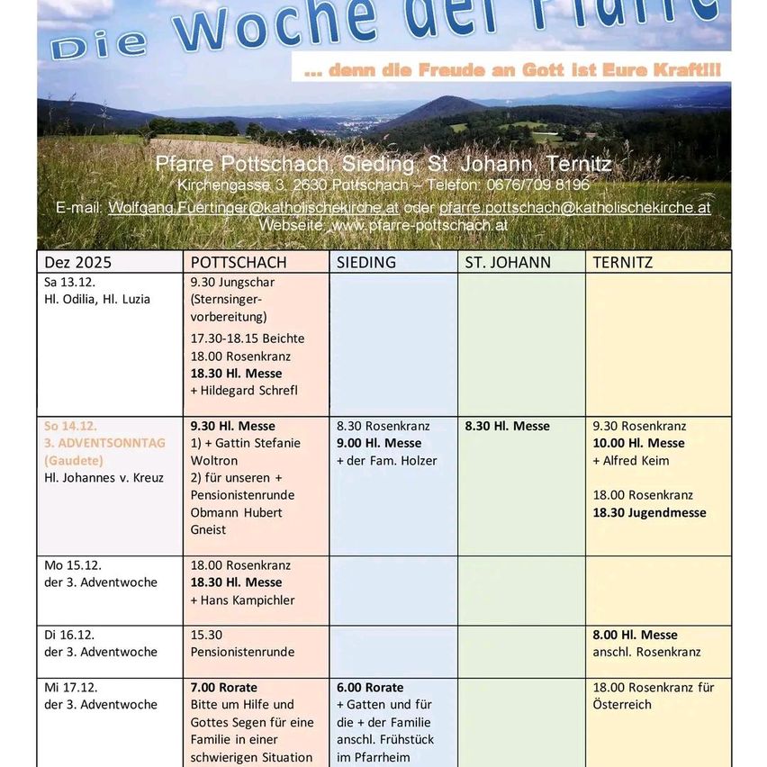 Ein Bild zeigt einen Zeitplan für Gottesdienste im Dezember 2025. Zu den Veranstaltungen gehören Jugendchor-Übungen, Messen und Rosenkranz-Sitzungen. Der Zeitplan ist in vier Orte unterteilt: Pottschach, Sieding, St. Johann und Ternitz. Details wie Zeiten, besondere Teilnehmer und zusätzliche Ereignisse sind aufgeführt.
