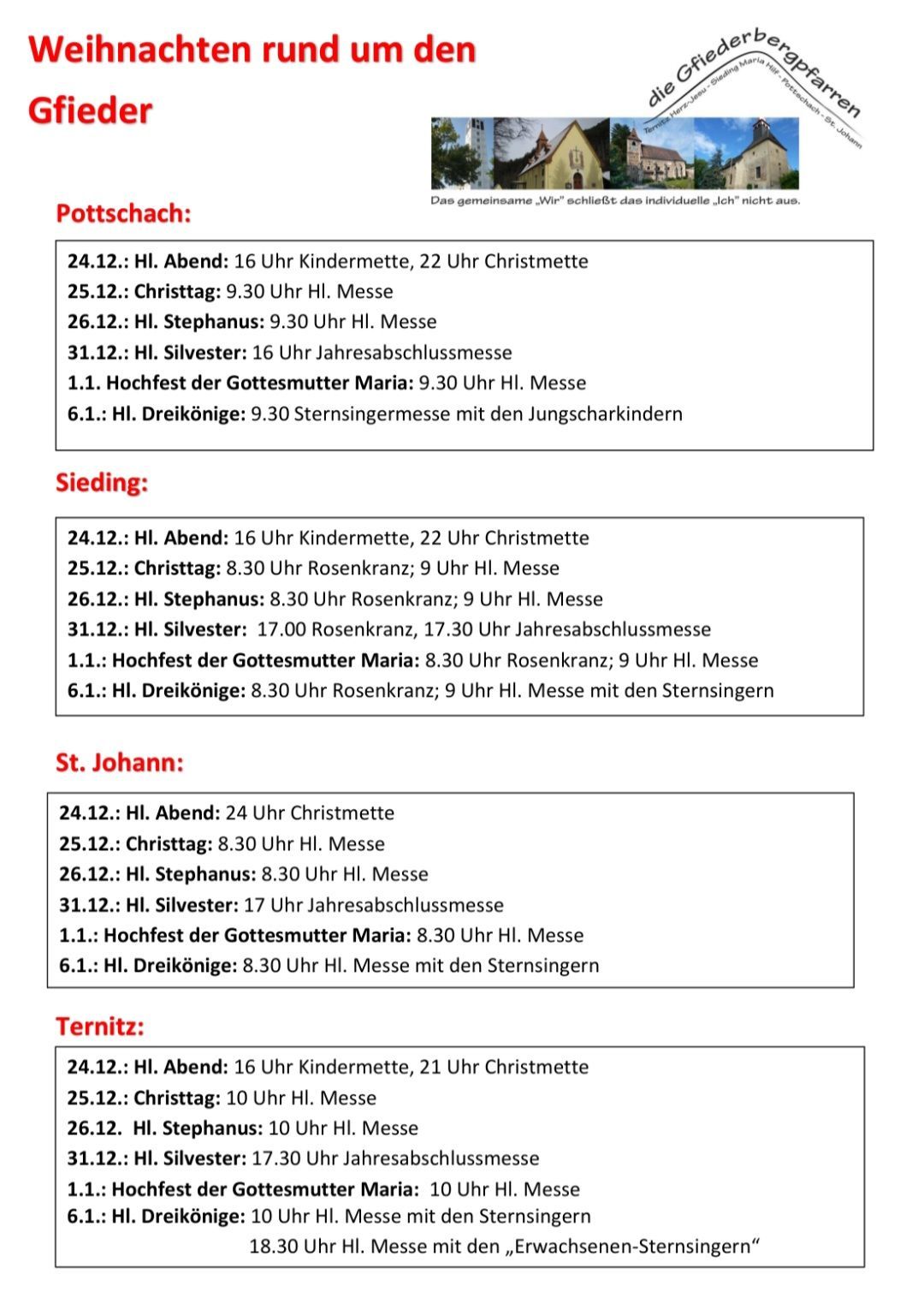 Das Bild zeigt einen Zeitplan für Gottesdienste an Orten wie Pottsch, Sieding, St. Johann und Ternitz. Jeder Ort listet die Daten, Zeiten und Details für den Heiligen Abend, Weihnachten, St. Stephanstag, Silvester und Dreikönigstag auf.