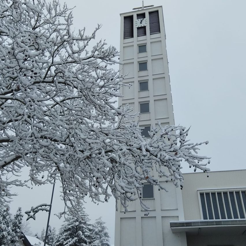 Ein hoher weißer Turm, der mit Schnee bedeckt ist, mit einer Uhr oben. Ein schneebedeckter Baum steht davor.
