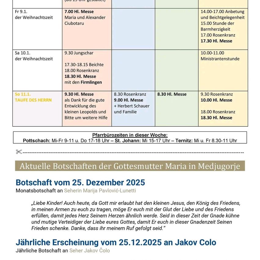 Ein Zeitplan von Messen und religiösen Veranstaltungen mit Zeiten, Orten und spezifischen Ereignissen wie dem Weihnachtsfest, Rosenkranz und der Heiligen Liturgie. Beinhaltet Termine und Botschaften religiöser Persönlichkeiten.