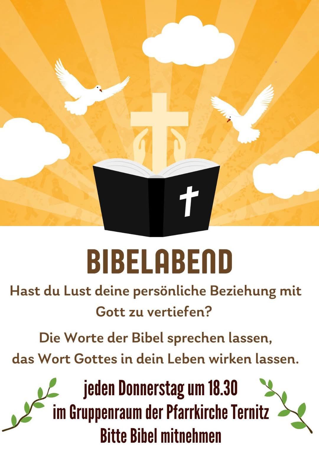 Eine Werbung für eine Bibelstunde. Ein offenes Bibelbuch mit einem Kreuz auf sonnigem Hintergrund. Es steht: 'Bibelabend. Willst du deine persönliche Beziehung zu Gott vertiefen?'