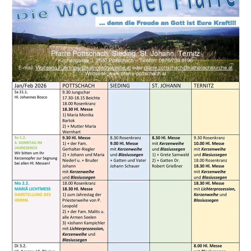 Das Bild ist ein Zeitplan für verschiedene Messen an verschiedenen Orten. Es enthält Zeiten, Orte und kurze Beschreibungen der Messen. Es ist auf Januar/Februar 2026 datiert.