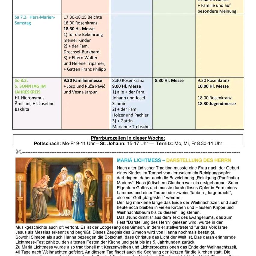 Ein Zeitplan für Gottesdienste und Gebetszeiten. Es enthält Details für eine Samstagabendmesse, Sonntagsmesse und Familienmessen, einschließlich spezifischer Zeiten und Teilnehmer. Das Dokument erwähnt auch eine Weihnachtsbaumpräsentation, eine religiöse Darstellung der Darstellung des Herrn und eine Diskussion über die jüdische Tradition der Reinigung.