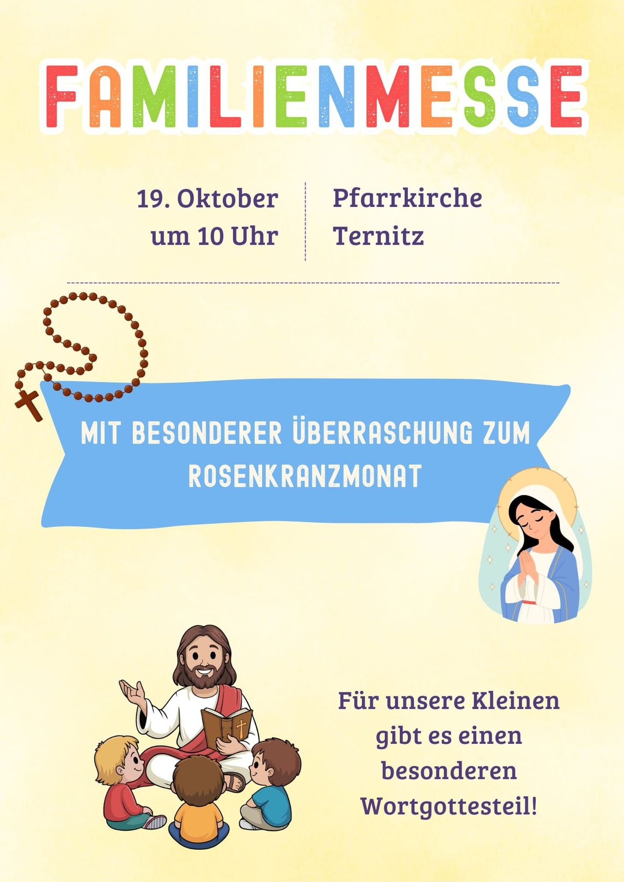 Poster announcing a special surprise for the Rosary Month on October 19 at 10 AM at Pfarrkirche Ternitz. Features an image of Jesus, a rosary, and the Virgin Mary.