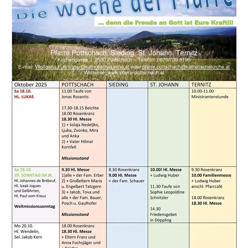 The poster advertises the weekly schedule for October 2025, listing various church services in Pottschach, Sieding, St. Johann, and Ternitz. Events include baptisms, masses, and family masses, with times and specific celebrants noted. Contact information for the parish is provided.