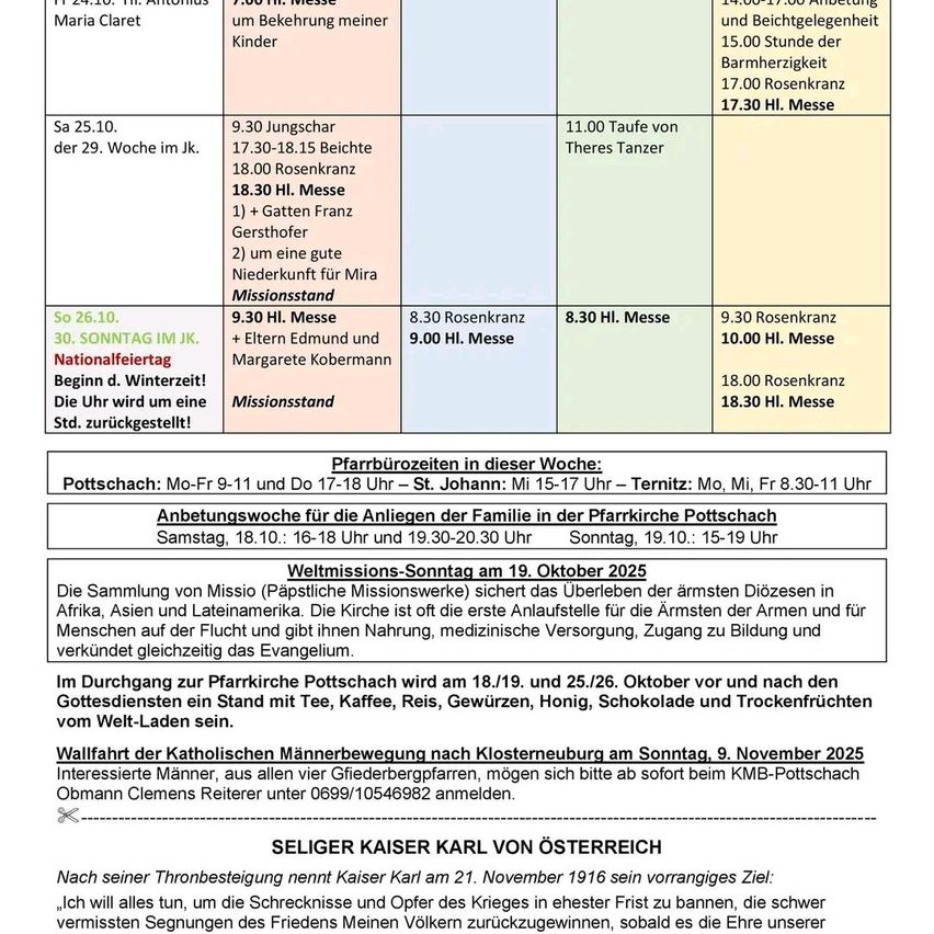 Document displays church services and missions schedule for November 2025. Includes Mass times, baptism, and mission stand details. Also lists prayer hours and activities for the Catholic Men's Movement.
