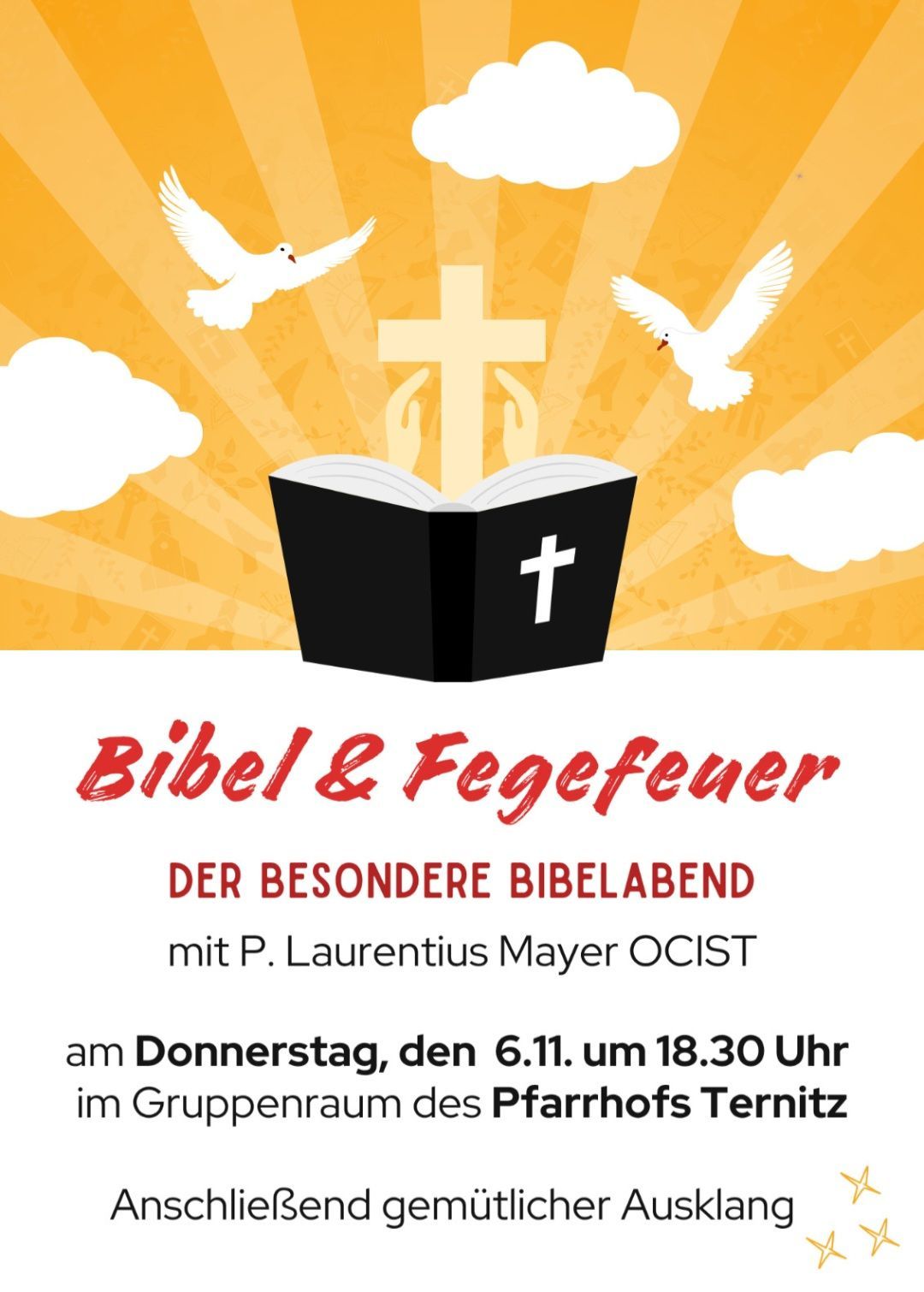 A poster for a special Bible evening on Thursday, November 6th, at 6:30 PM. It features an open book with a cross, doves flying, and a yellow background.