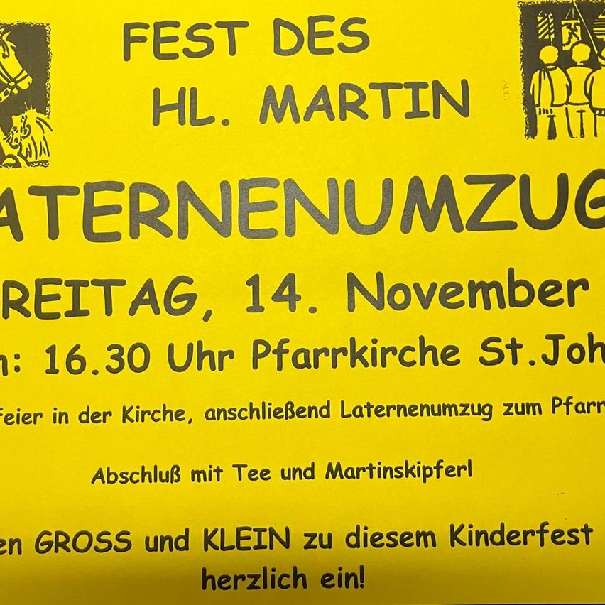 A yellow poster announces the Feast of St. Martin, taking place on Friday, November 14th. The event starts at 4:30 PM at the St. John's Parish Church, featuring a mass, lantern parade, and a closing tea party with Martin's apples. Everyone is invited to this children's festival.