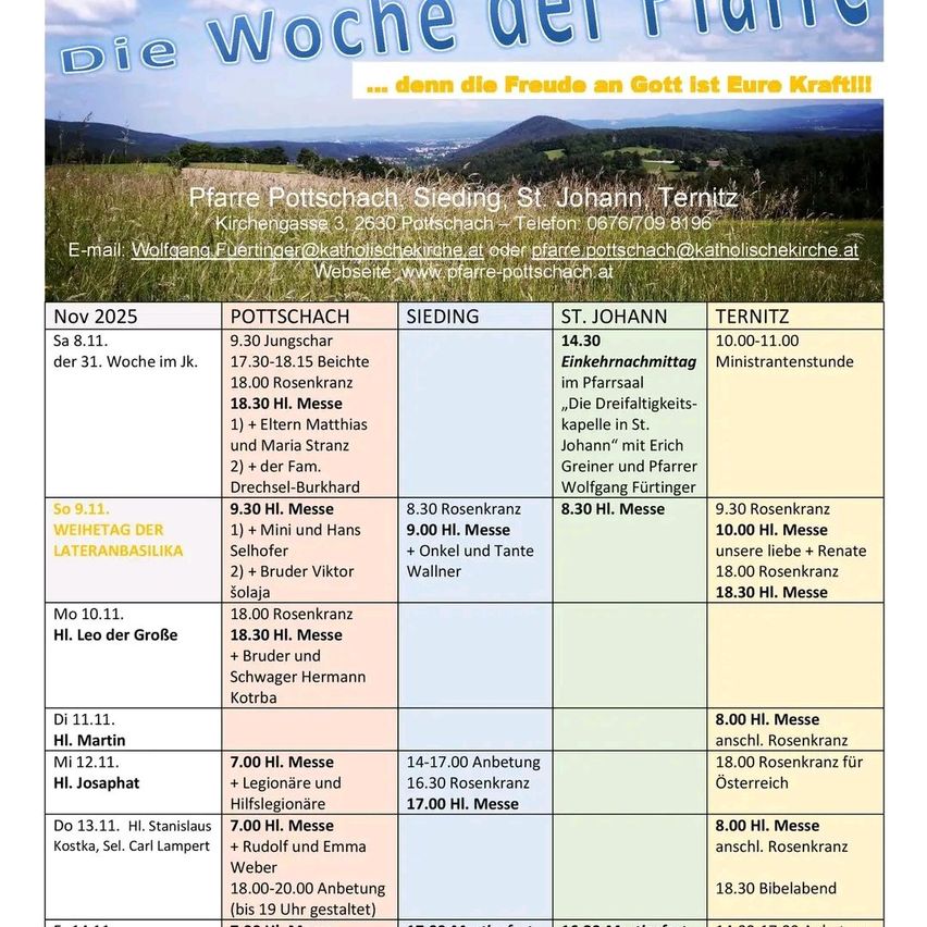 Poster for Pfarre Pottschbach, Siedling, St. Johann, Ternitz. It includes dates for masses, starting November 2025 to December 2025, and the schedule for communion. Contact information for the church is also provided.