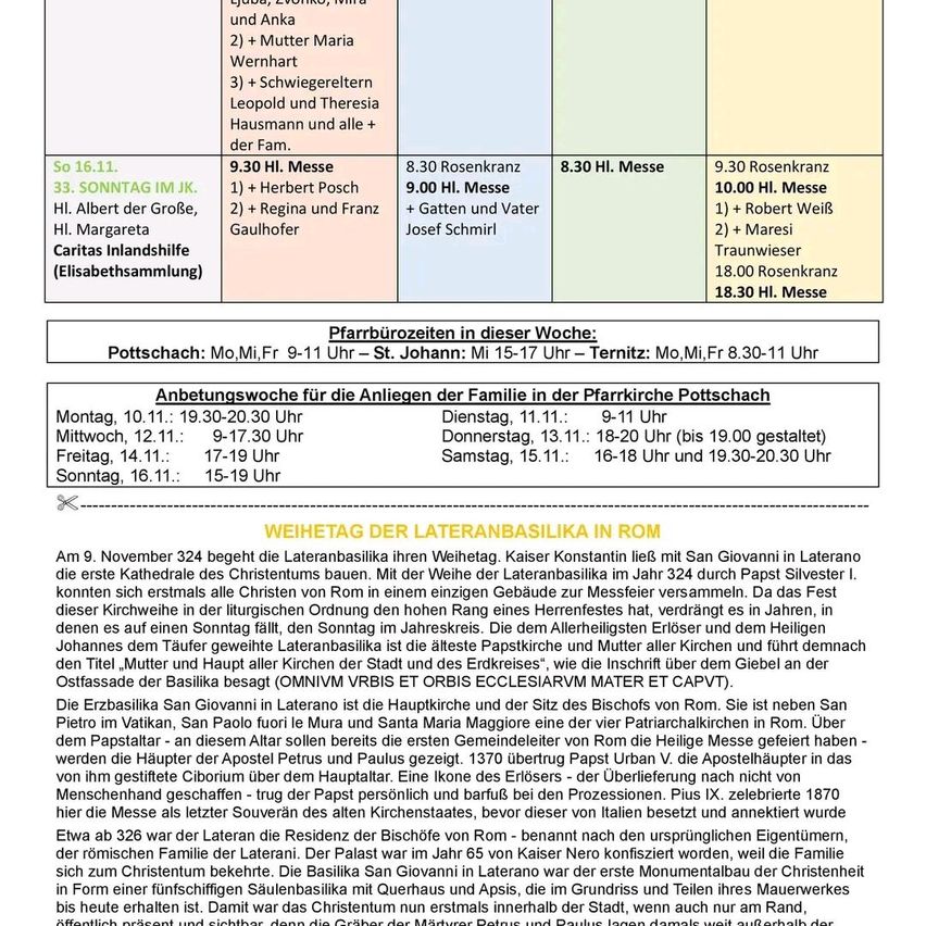 The image contains a schedule of masses and announcements for a week, including dates, times, and locations. It also mentions the celebration of the feast of the Lateran Basilica in Rome on November 9.