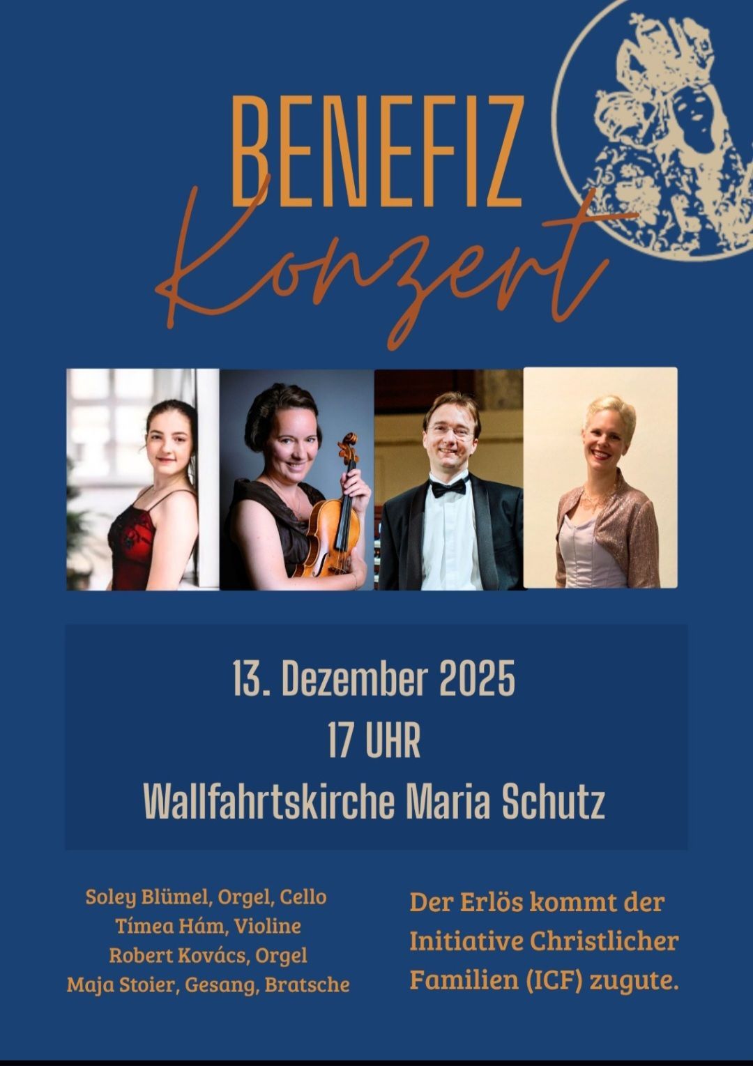 Poster for the event 'Benefit Konzert'. Featuring four musicians, it announces the event on December 13, 2025 at 17:00 at the Wallfahrtskirche Maria Schutz.