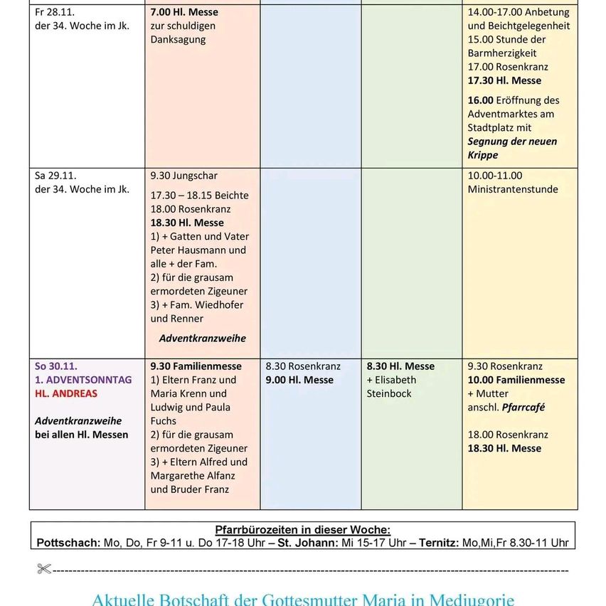 Das Bild zeigt einen Zeitplan für religiöse Veranstaltungen. Freitag, 28. November, beinhaltet eine 19:00 Uhr Messe mit Anbetung und Segnung. Samstag, 29. November, hat eine 9:30 Uhr Jugendmesse. Sonntag, 30. November, listet drei Messen und eine Familienmesse. Es gibt auch Zeiten für Beichten und andere Aktivitäten.