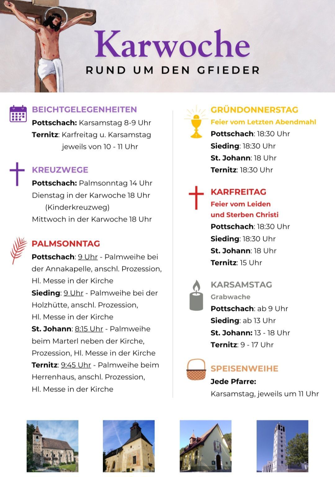 Das Bild zeigt einen Zeitplan für religiöse Gottesdienste in Pottschach und Ternitz, Österreich. Es enthält Zeiten und Orte für Palmsonntag, Karfreitag und Karsamstag. Es werden auch Prozessionen und Messen erwähnt.