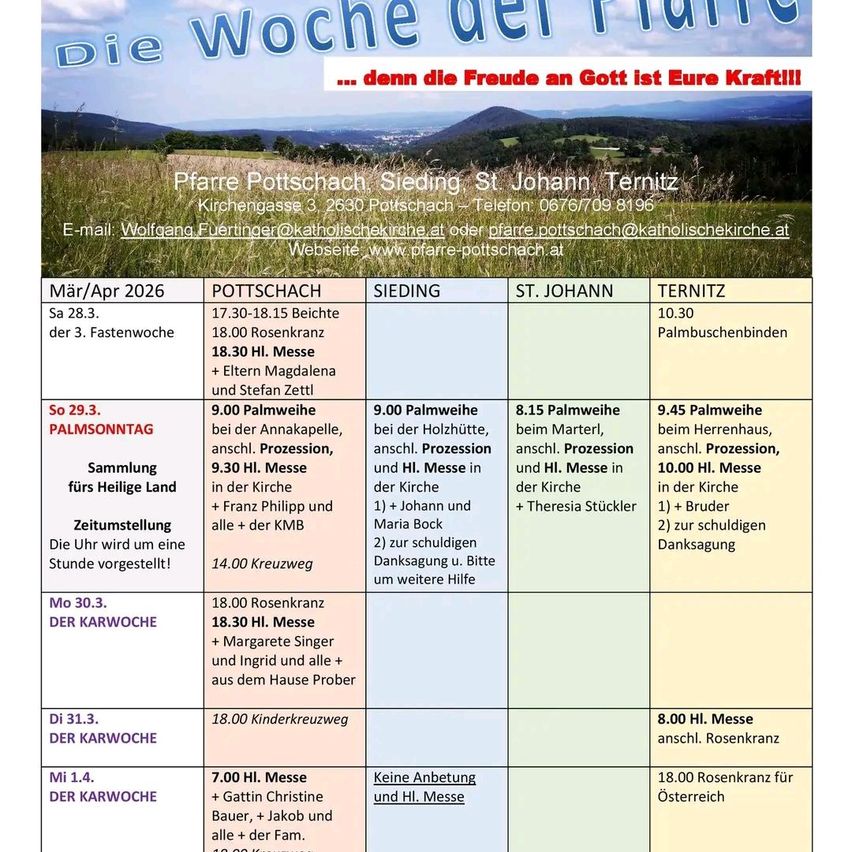 Wöchentlicher Zeitplan für die Palmsonntagwoche. Der Zeitplan enthält Daten, Zeiten und Details für Gottesdienste und Veranstaltungen an verschiedenen Orten. Bemerkenswerte Ereignisse umfassen den Palmsonntag-Gottesdienst, den Palmsonntag-Prozession und andere kirchliche Aktivitäten. Kontaktinformationen und Website angegeben.