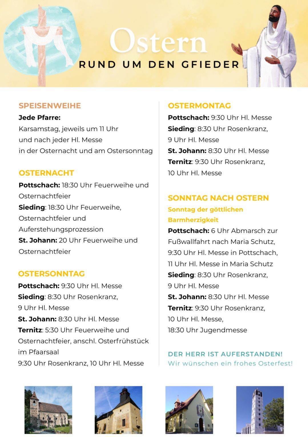 Das Bild zeigt einen Zeitplan für Ostergottesdienste und -veranstaltungen. Jeden Sonntag gibt es eine Messe um 11 Uhr. Am Ostersonntag gibt es eine Prozession am Nachmittag. Ostersonntag-Events beinhalten eine Prozession und Osterfrühstück im Pfarrsaal.