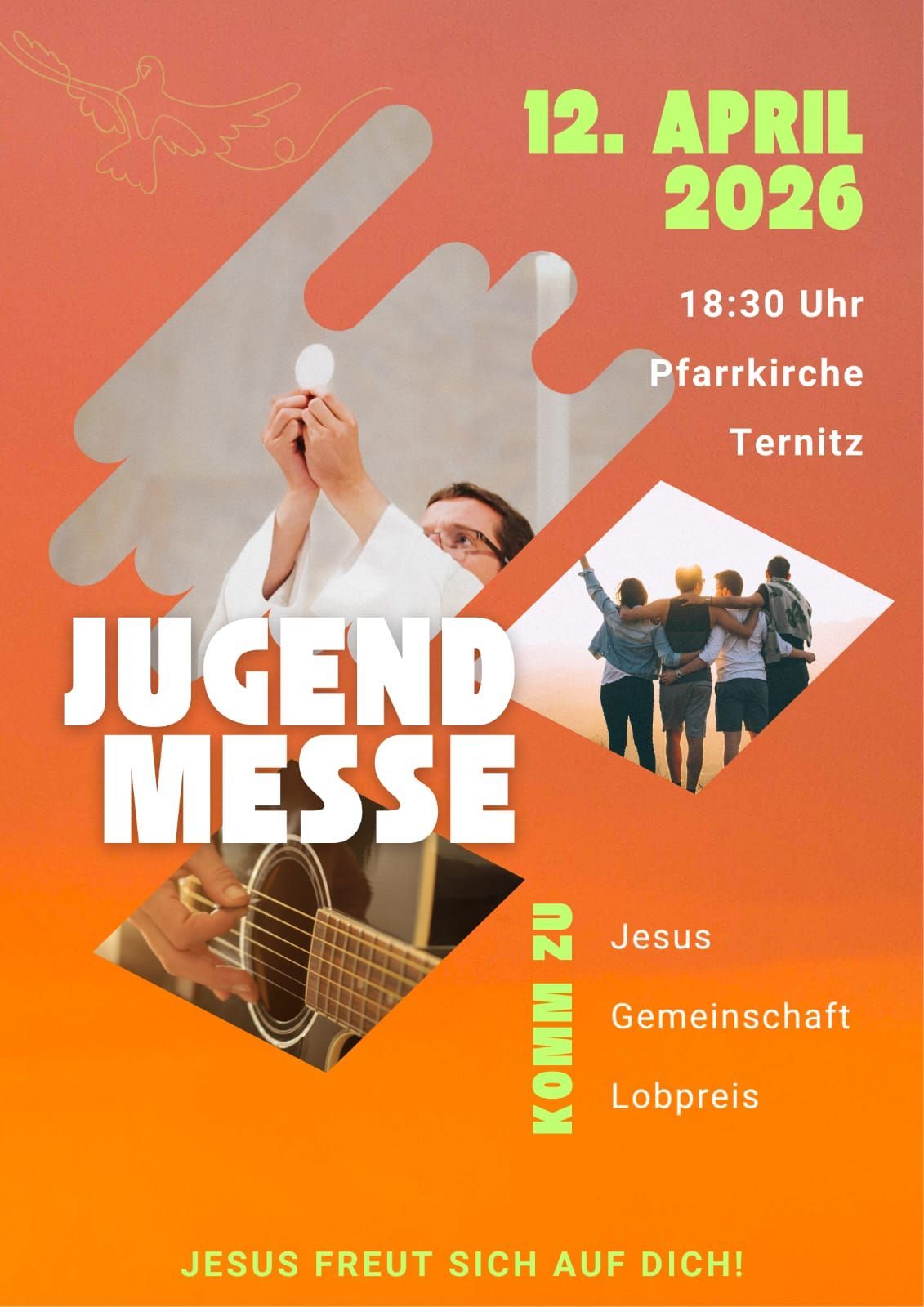 Ein Plakat für eine Jugendmesse um 18:30 in der Pfarrkirche Ternitz. Es zeigt einen Priester und eine Gitarre.