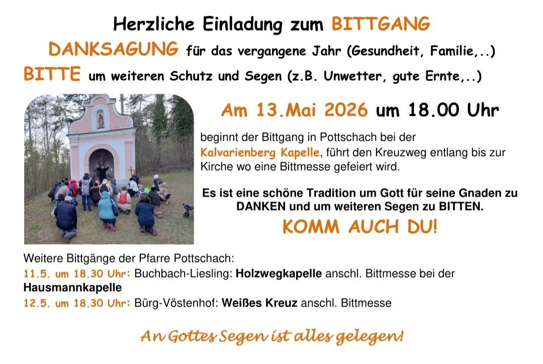 Invitation to the prayer walk for thanksgiving and blessings. On May 13, 2026, at 6 PM, the prayer walk starts at the Kalvarienberg Chapel in Pottschach. A mass will be celebrated at the church.