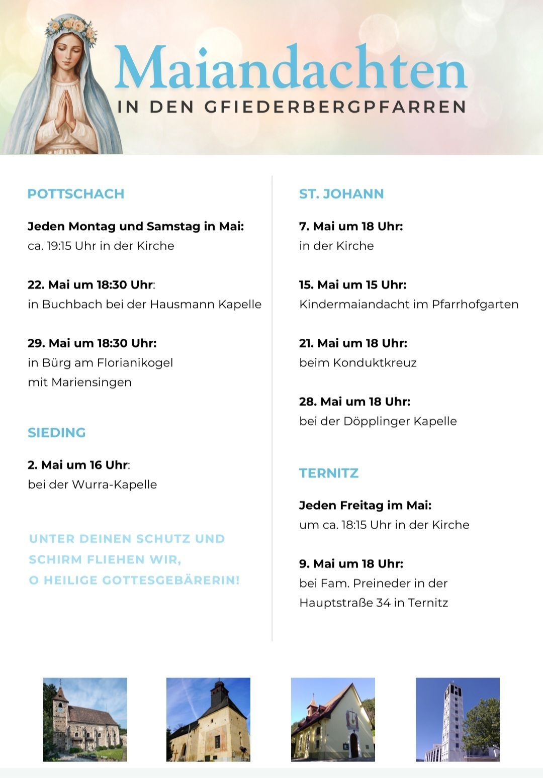 May events schedule: Mondays and Saturdays in Pottschach, May 22 and 29 at 18:30 in Buchbach and Bürg. In St. Johann, May 7 at 18:00, May 15 at 15:00, May 21 at 18:00, and May 28 at 18:00 at various locations.