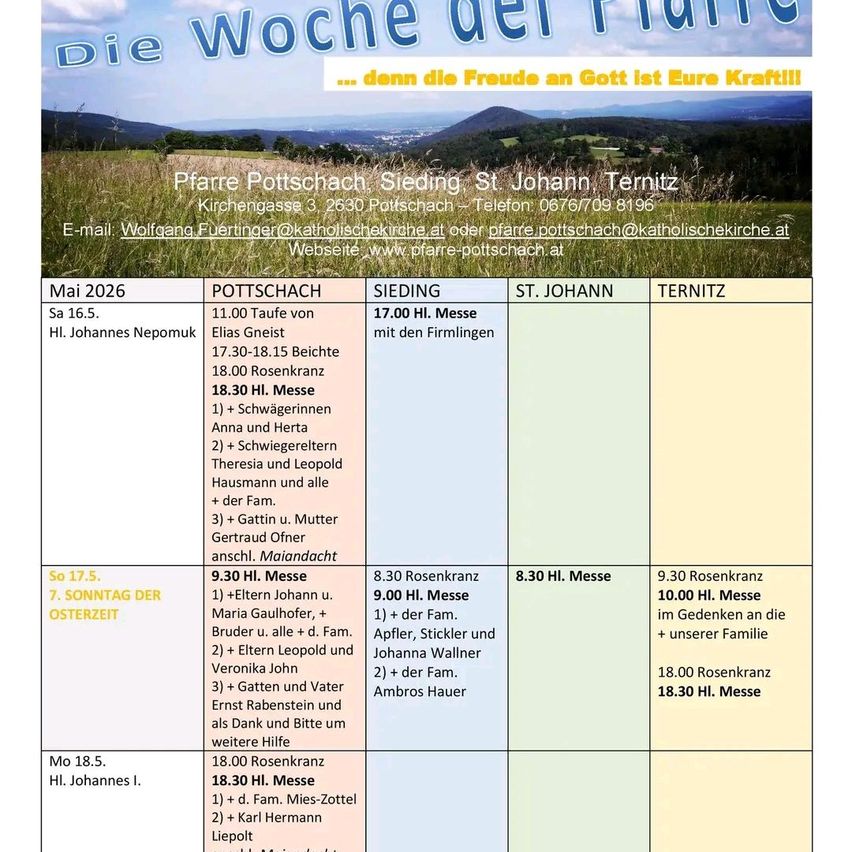 Postcard with a scenic image of hills and a field. It has a schedule of masses in various locations, including Taufe von Elias Gneist and 17:00 HL. Messe mit den Firmlingen. It also includes an email and website for Pfarre Pottschach.