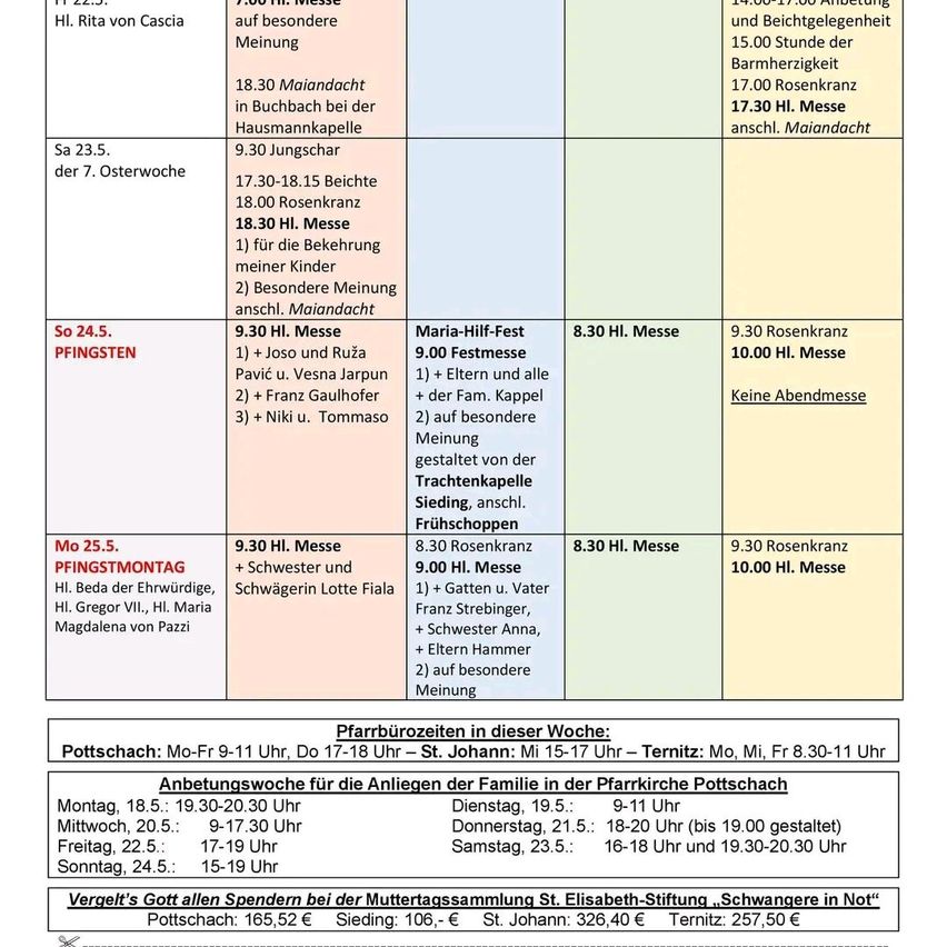 This image contains a schedule of religious services. It includes details such as dates, times, and locations of various masses and events. The schedule is bilingual, with English and German descriptions. It also lists specific attendees for certain services.