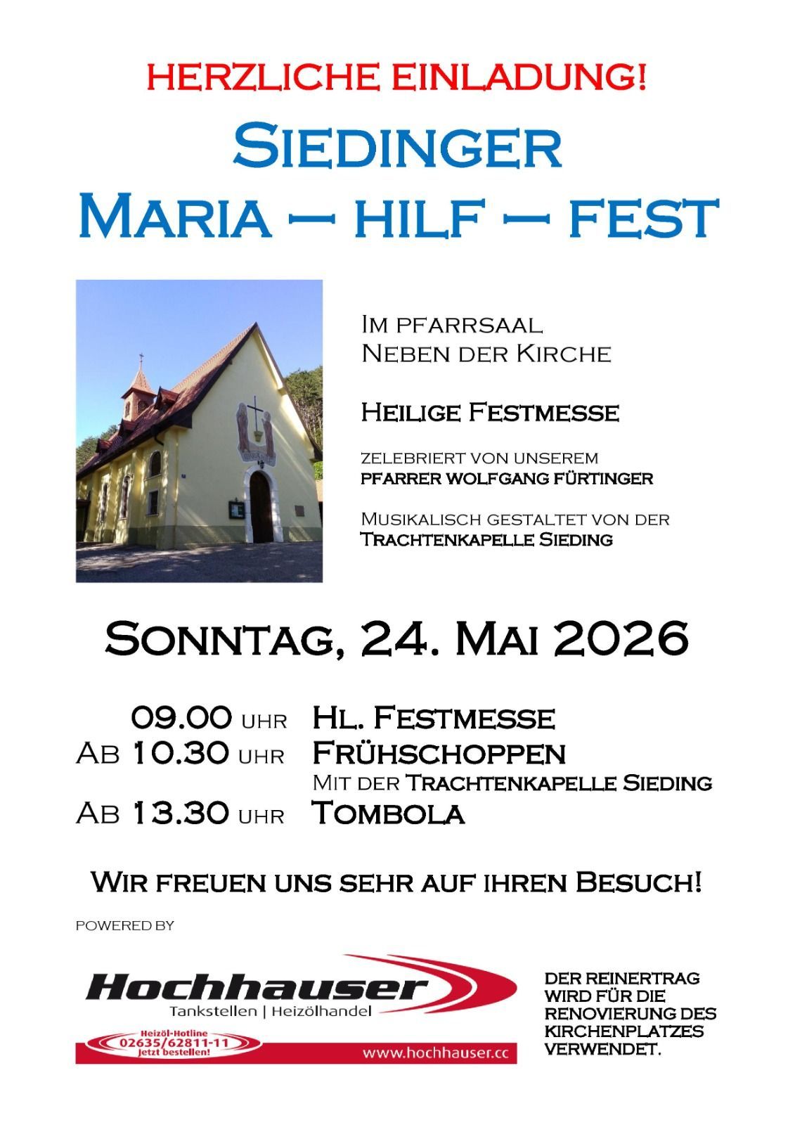 Maria-Hilf-Fest in Pfarrsaal near the church. Holy Mass at 9 AM, followed by early shopping and a raffle. Sunday, May 24, 2026.