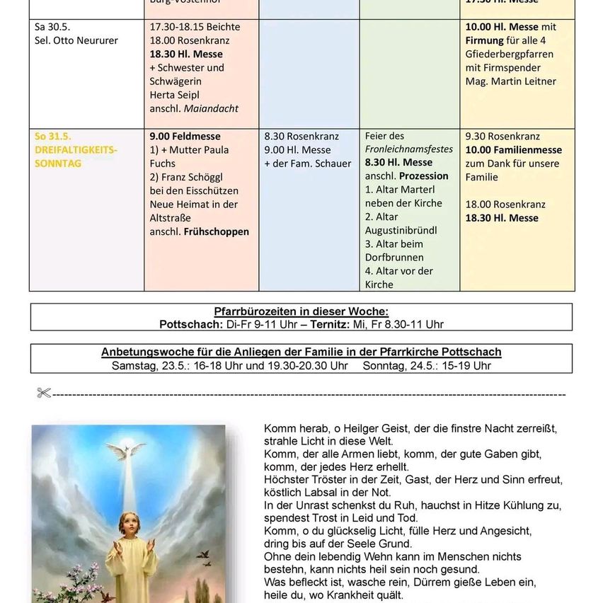 Ein Zeitplan für verschiedene Messen, einschließlich Details zu Zelebranten und besonderen Gästen. Der Zeitplan enthält mehrere Messen an verschiedenen Tagen mit bestimmten Zeiten und Zelebranten. Ein Bild eines Kindes ist ebenfalls vorhanden.