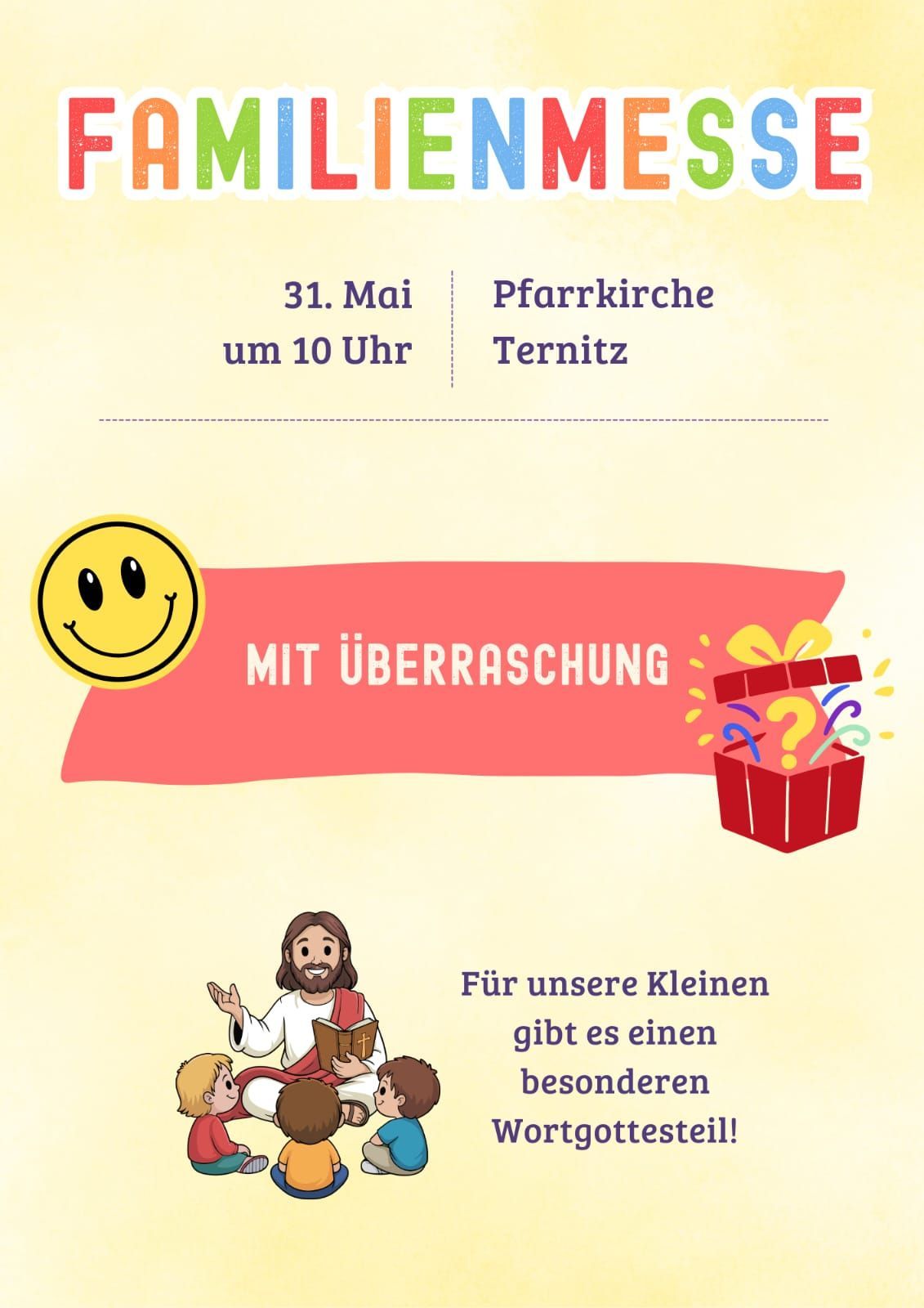 Plakat zeigt einen freudigen Jesus, der Kindern ein Buch vorliest, mit einem Überraschungsgeschenk, für den 31. Mai um 10 Uhr in der Pfarrkirche Ternitz.