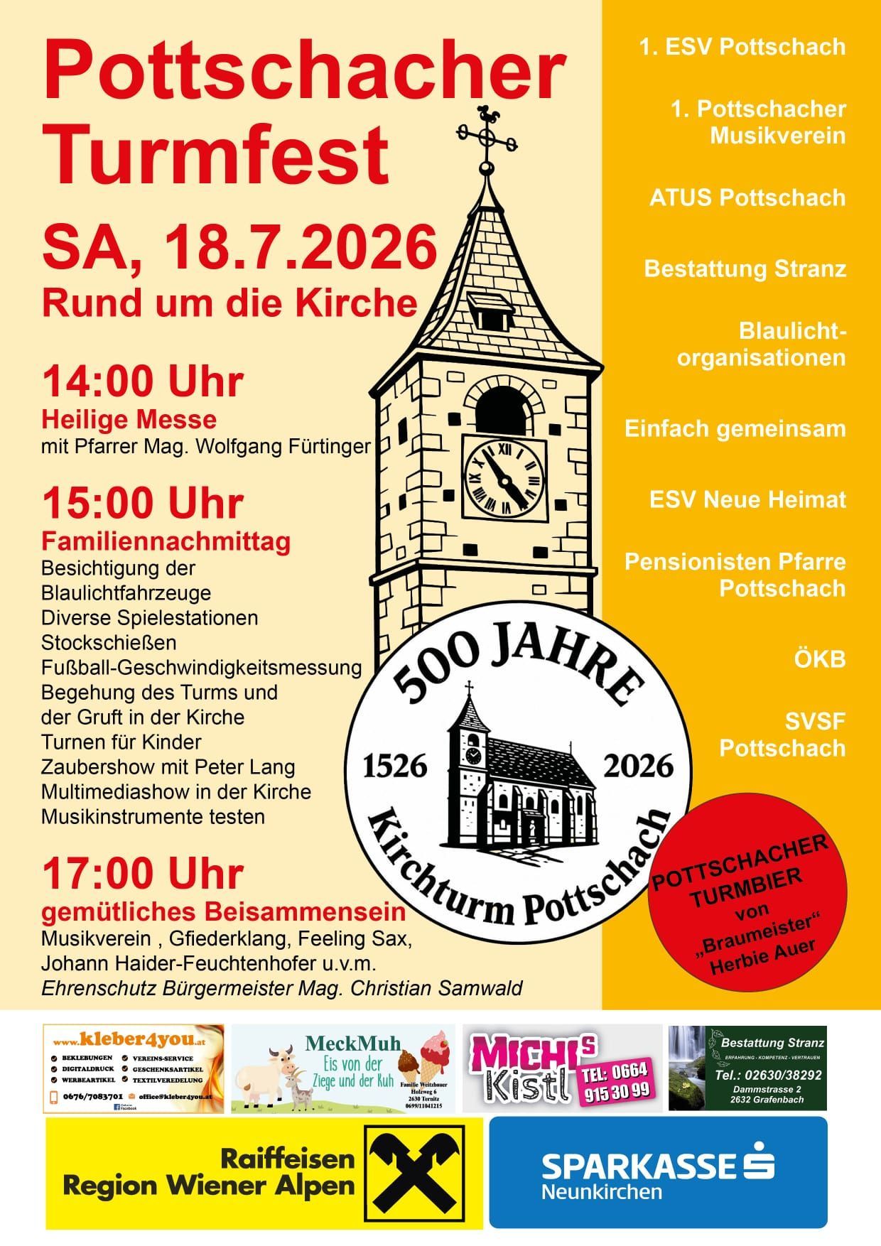 Ein Plakat für die Veranstaltung 'Rund um die Kirche' am 18. Juli 2026. Die Veranstaltung umfasst eine Heilige Messe, Familienaktivitäten und eine Feier der 500-jährigen Geschichte des Kirchturms. Zu den Aktivitäten gehören geführte Touren, Spiele und eine Zaubershow.