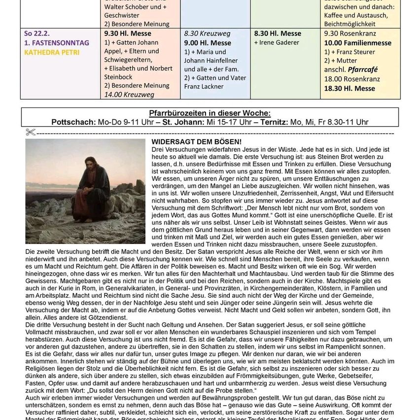 A page of a church bulletin shows fasting times, masses, and family meals with names of people. An image of Jesus on the cross is accompanied by a sermon about resisting temptation and the nature of power.