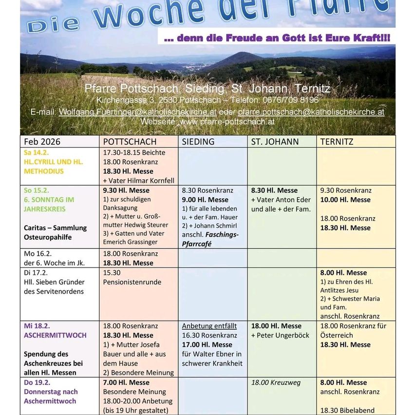 The image shows a church schedule for February 2026, listing dates and times for services, prayer meetings, and other events at Pfarre Pottschach, including locations like St. Johann and Ternitz. Each entry includes the time, event, and additional details such as hymns or readings.