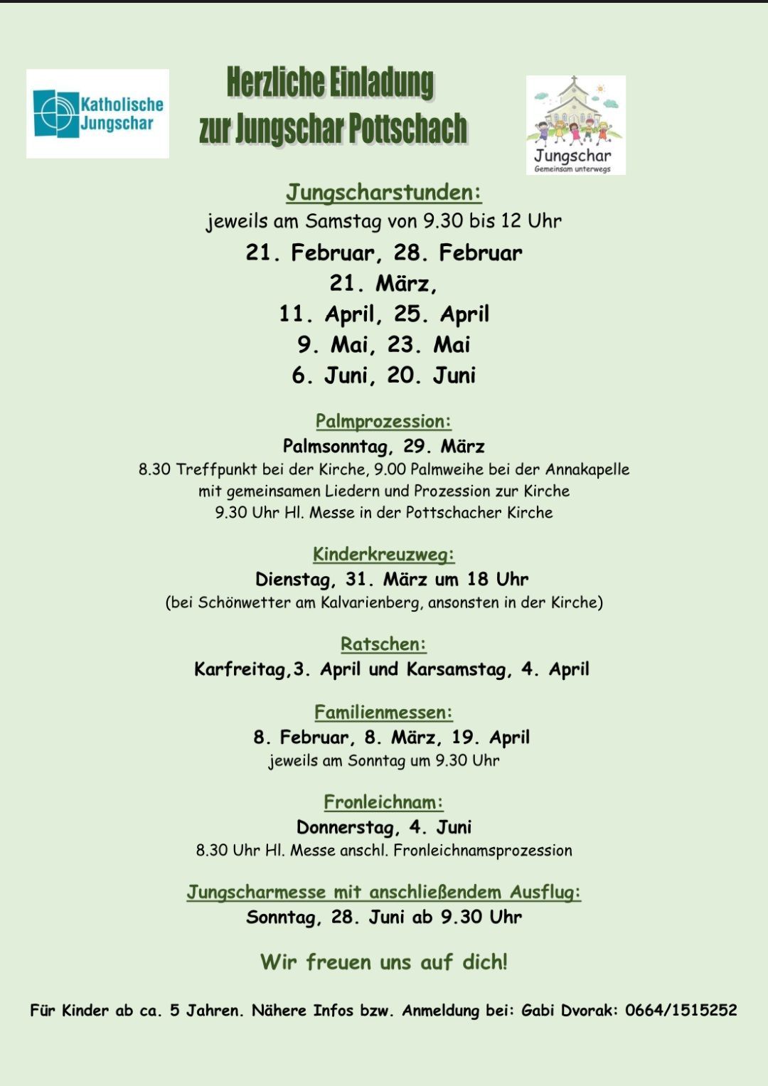 Das Bild listet Kirchendienste und Veranstaltungen auf. Jugendchorprobe jeden Samstag von 9:30 bis 12 Uhr. Termine sind 21. Februar, 28. Februar, 21. März, 11. April, 25. April, 9. Mai, 23. Mai, 6. Juni, 20. Juni. Palmsonntagsprozession am 29. März. Familienmessen am 8. Februar, 8. März und 19. April.