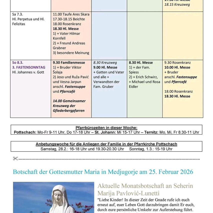 Dokument zeigt wöchentliche Kirchenpläne, einschließlich Familienmessen, Kreuzprozessionen und besonderer Messen. Es listet Namen von Priestern und Teilnehmern für jeden Gottesdienst auf. Es enthält auch Termine für kommende Gottesdienste an verschiedenen Orten.