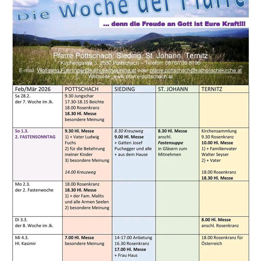 Wöchentlicher Zeitplan für Februar/März 2026 in Pottschach. Dienste beinhalten wöchentliche Messen, spezielle Dienste und familienorientierte Aktivitäten. Kontaktinformationen und Webseite verfügbar.