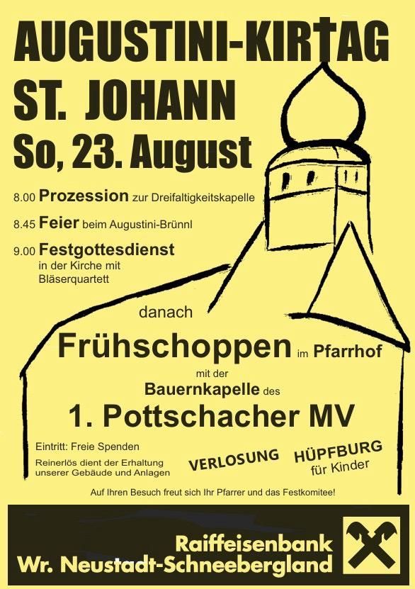 A yellow poster announces the Augustinian Day at St. Johann on August 23. It features a procession, a celebration, a church service, and a morning market with a farmers' band.
