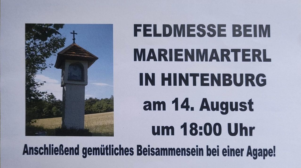 Poster for a field mass at Marienmart in Hintenburg on August 14 at 6 PM, featuring a church tower and a serene landscape.