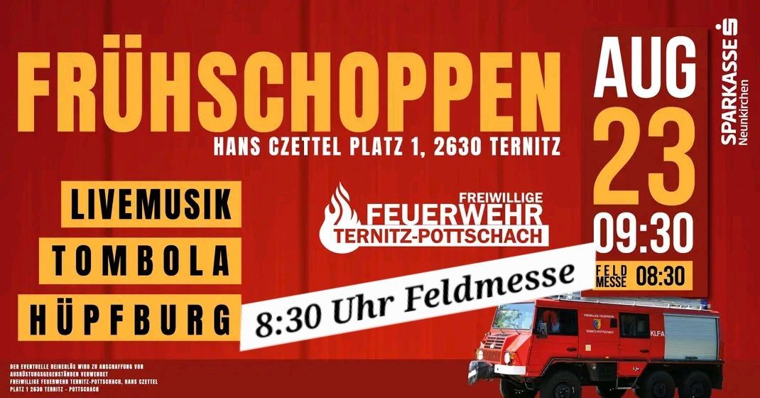 A poster for a field mass event by the Freiwillige Feuerwehr Ternitz-Pottschach, featuring a red fire truck and details about the location and time.