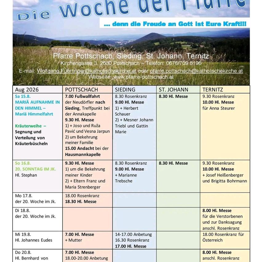 A poster for the Pfarre Pottschach church in Austria, featuring a schedule of events including masses, processions, and a blessing of herbs. The poster includes a scenic background of a grassy field with mountains in the distance.