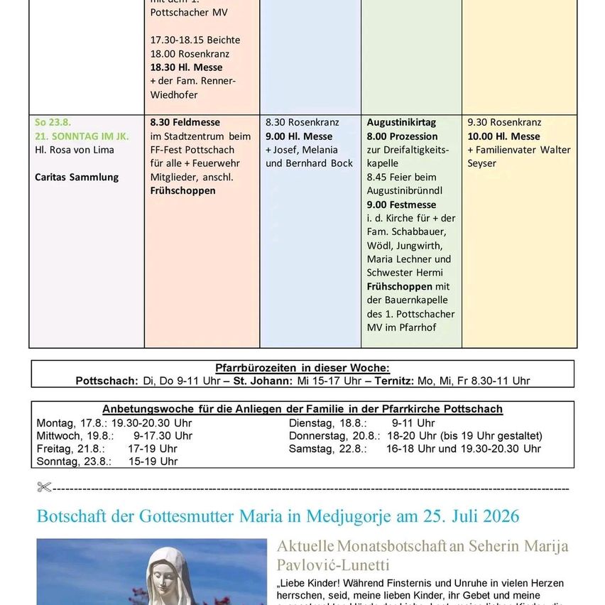 A document with church service schedules, events, and announcements for the week, including a message from the Virgin Mary in Medjugorje.