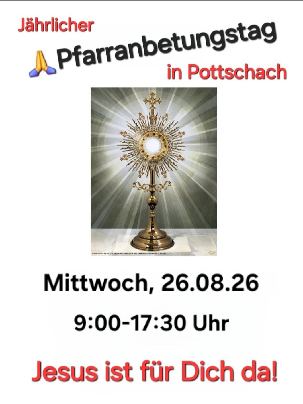 A golden monstrance with rays of light is displayed on a white background. The text reads 'Mittwoch, 26.08.26 9:00-17:30 Uhr'. The image is titled 'Pfarramt in Pottschach'.