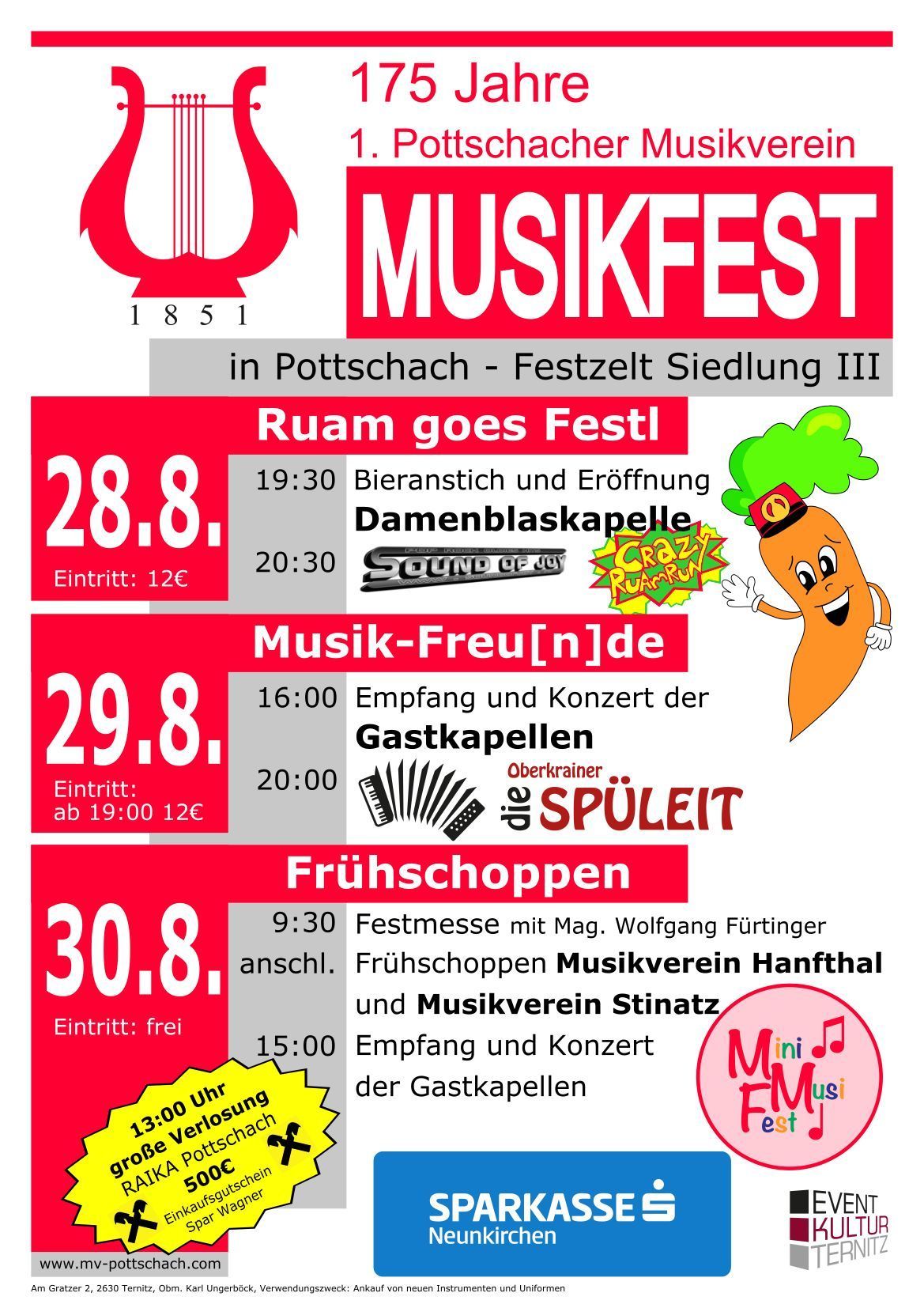 Poster for the Musikfest 1851 event in Pottschach, featuring a schedule for August 28th to 30th, including beer tent opening, concerts, and a free festival on the last day.