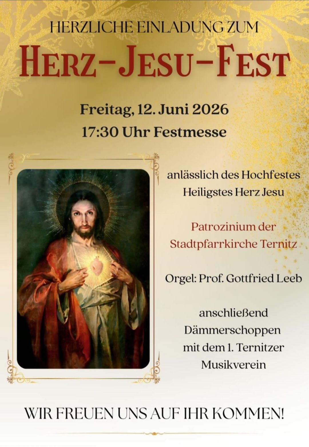 Ein Plakat für das Herz Jesu Fest am 12. Juni 2026 um 17:30 Uhr. Zeigt ein Gemälde von Jesus mit einem leuchtenden Herzen. Details zum Festival, Organisten und Musikverein.