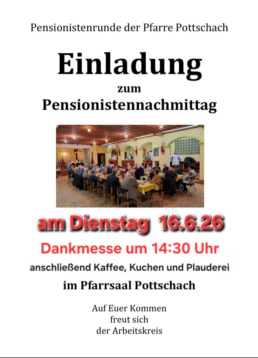 An invitation for the pensioner's gathering on Tuesday, June 16, 2026. The event includes a thanksgiving mass at 2:30 PM followed by coffee, food, and chatter in Pfarrsaal Pottschach.