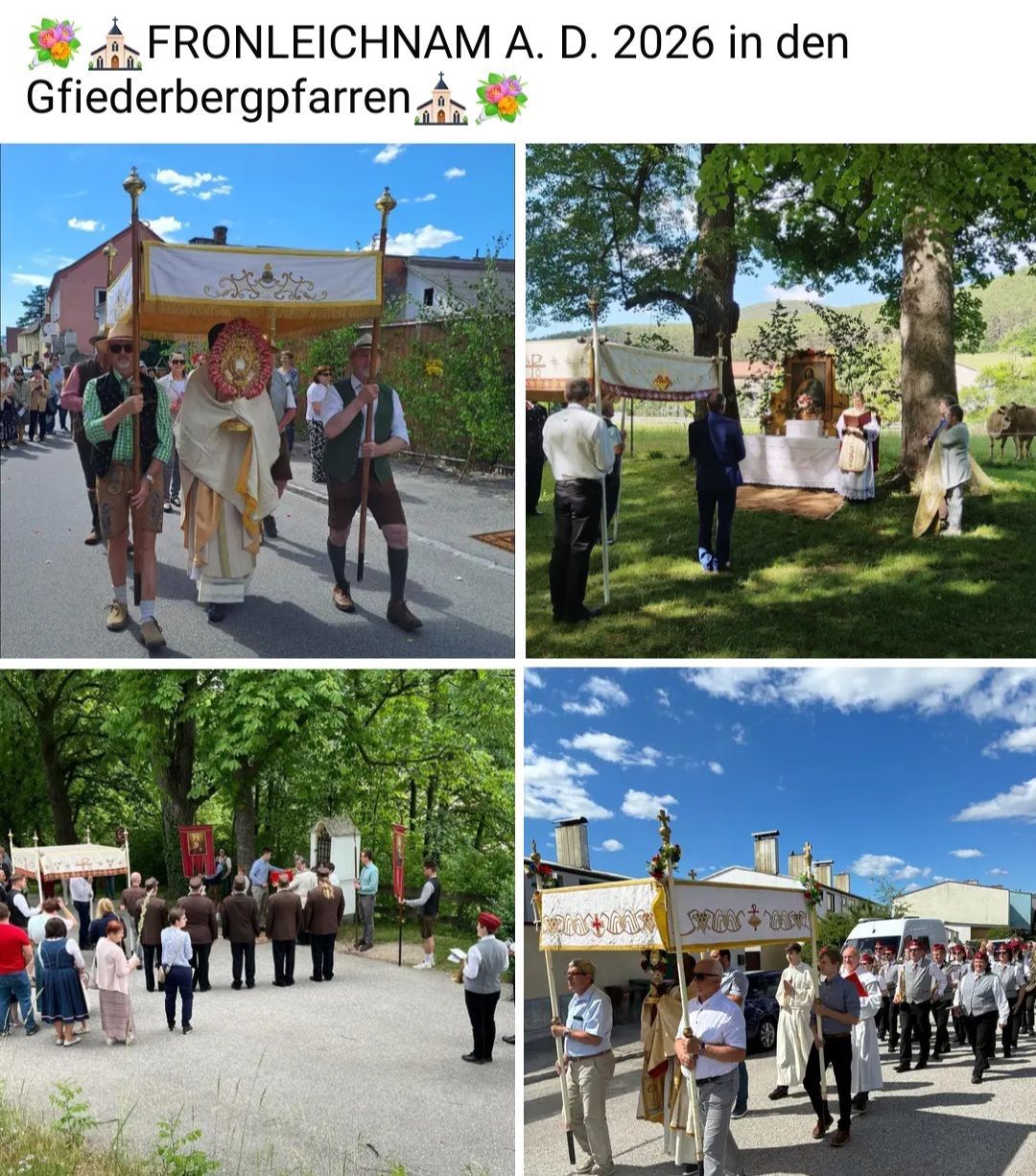 Vier Fotos zeigen verschiedene Szenen einer Prozession. Menschen in traditioneller Kleidung tragen religiöse Symbole. Ein Foto zeigt ein Treffen in einem Park.