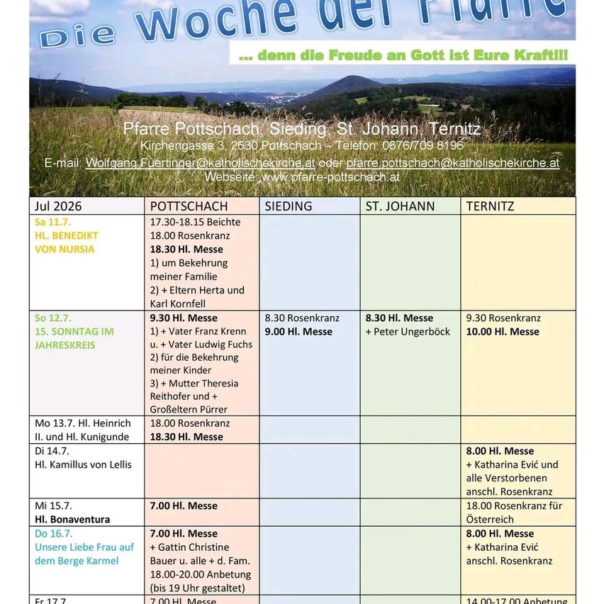 A schedule of religious services at various locations including Pottschach, Sieding, St. Johann, and Ternitz. The schedule lists dates, times, and locations for masses and other religious events.