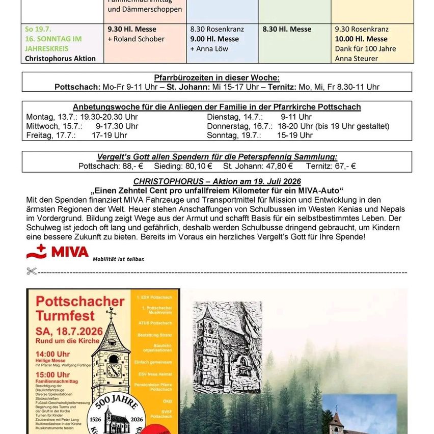 A document with church service schedules, donation amounts for a Christophorus action, and details about a Pottsacher Turmfest event on July 18, 2026.