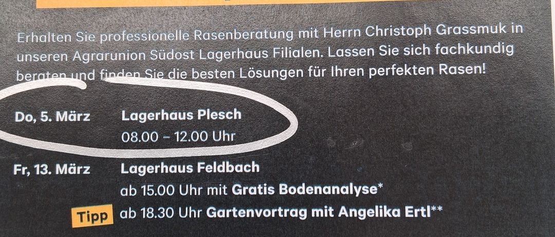 Oscorna Beratungsstage 2026 mit Christoph Grassmuk. Erhalten Sie professionelle Rasenberatung mit Herrn Christoph Grassmuk in unseren Agrounion Sudost Lagerhaus Filialen. Lassen Sie sich fachkundig beraten und finden Sie die besten Lösungen für Ihren perfekten Rasen!