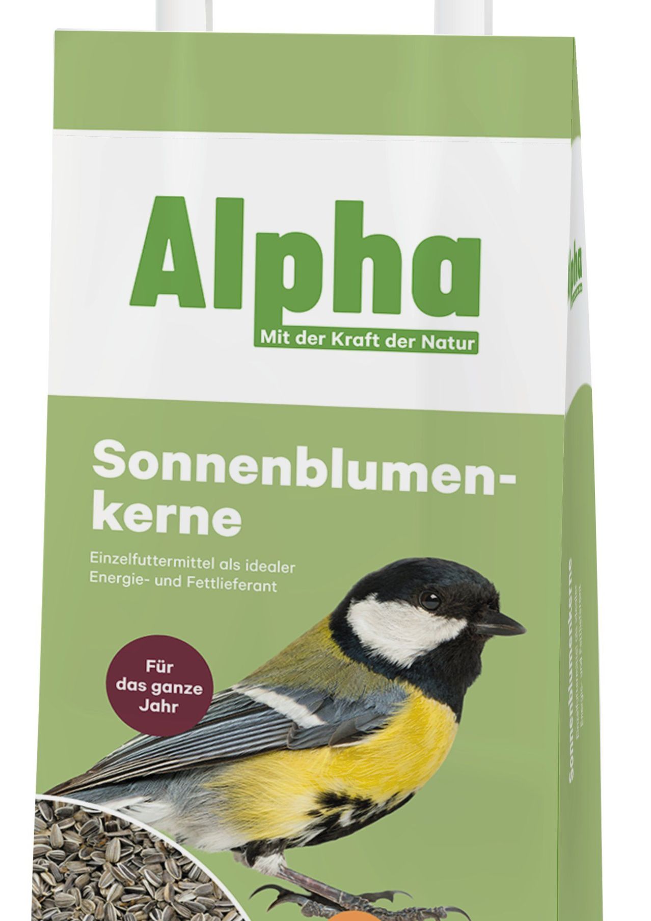 Die Vorderseite einer Produktbox für Alpha-Sonnenblumenkerne ist zu sehen. Die Box ist grün und weiß, mit dem Vogel prominent in der Mitte. Der Vogel ist gelb und schwarz, mit einem weißen Fleck auf der Brust. Der Kopf des Vogels ist nach links gedreht.