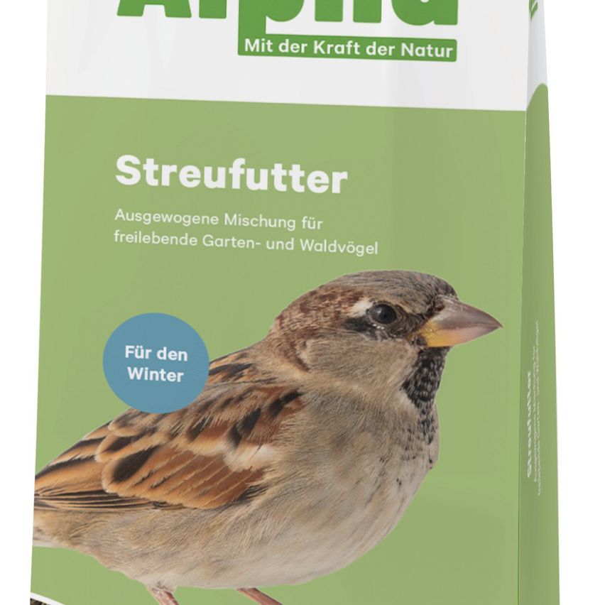 Das Bild zeigt eine Packung Alpha Streufutter für Vögel, konzipiert für freilebende Garten- und Waldvögel. Es ist für den Wintergebrauch geeignet.